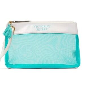 VICTORIA'S SECRET Mesh Makeup Bag‎ Cosmetic Pouch White Blue Tassel